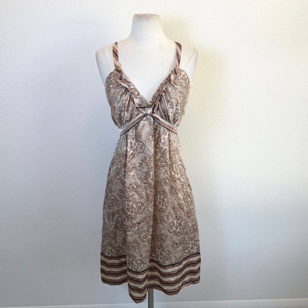 BCBGMaxazria Silk Brown Paisley Babydoll Slip Dress Womens S/M Y2K Boho Fairy